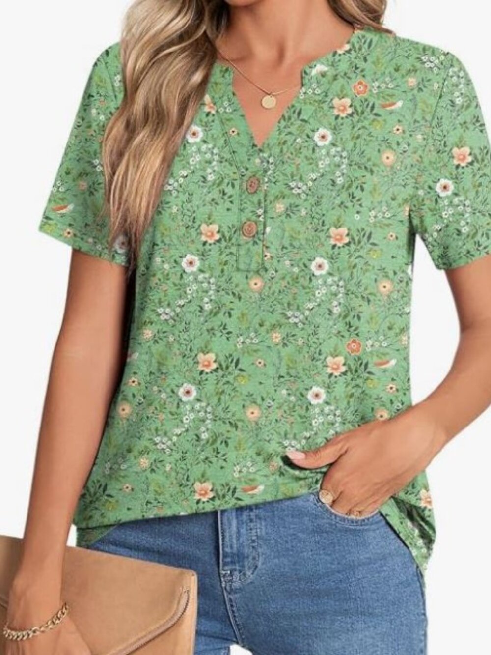 Womens Summer Tunic Tops Short Sleeve V-neck Henley Shirts Trendy Button Blouses